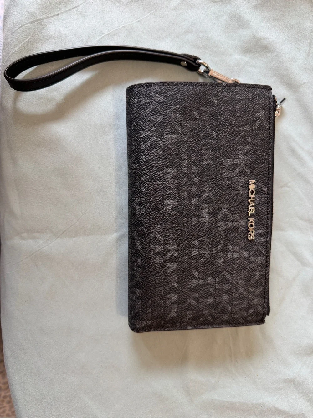 Michael Kors Black Textured Zip Wristlet Wallet with Gold Logo